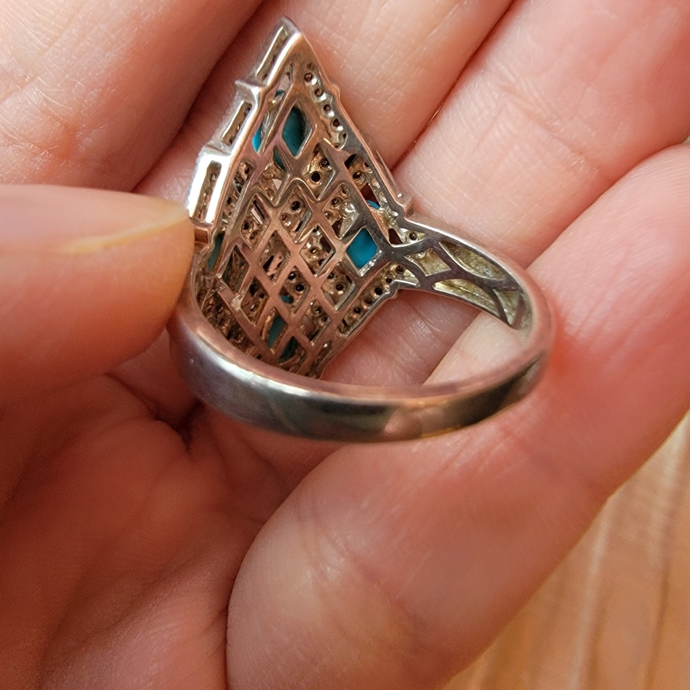 Sleeping Beauty Turquoise and Diamonds Sterling Ring - Picture 2 of 5